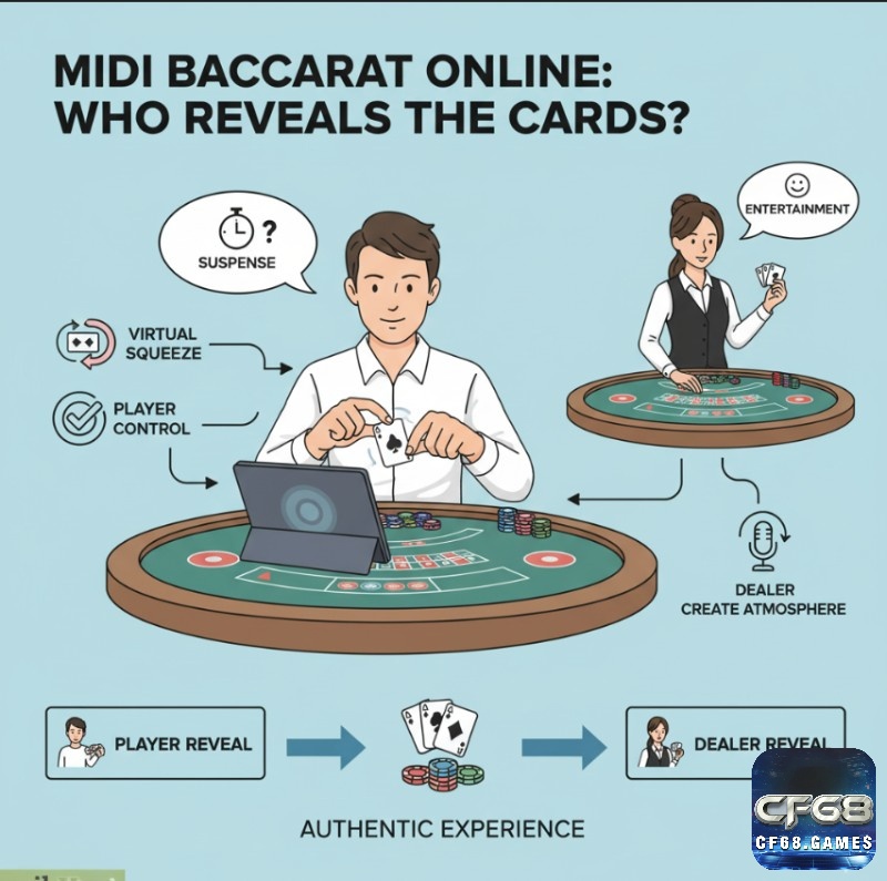 Trong Midi Baccarat online, thao tác lật bài do người chơi hoặc dealer thực hiện giúp tái hiện trải nghiệm như đang ở sòng bài truyền thống