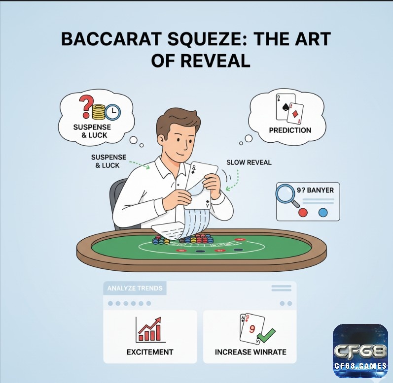 Người chơi Baccarat thực hiện kỹ thuật bóp bài (squeeze) để kéo dài sự hồi hộp khi lật bài