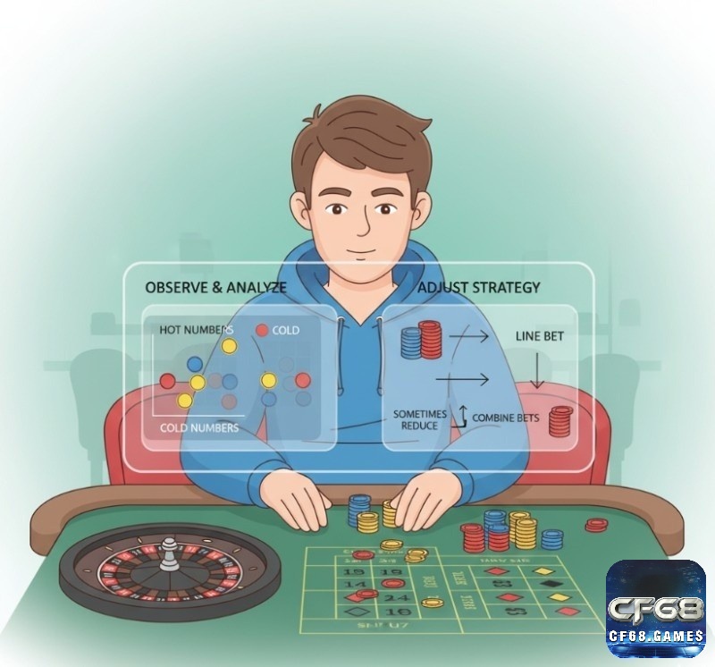 Người chơi Roulette đang quan sát bàn cược và điều chỉnh chiến lược line bet của mình