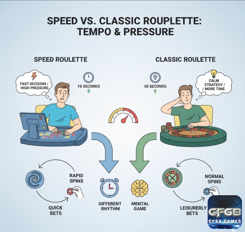 Speed Roulette khác biệt với roulette truyền thống ở nhịp độ chơi nhanh và áp lực tâm lý cao