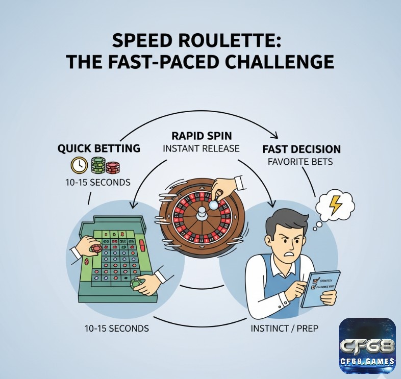 Speed Roulette tối ưu hóa quy trình quay bóng và giảm thời gian đặt cược, giúp người chơi tham gia nhiều ván hơn