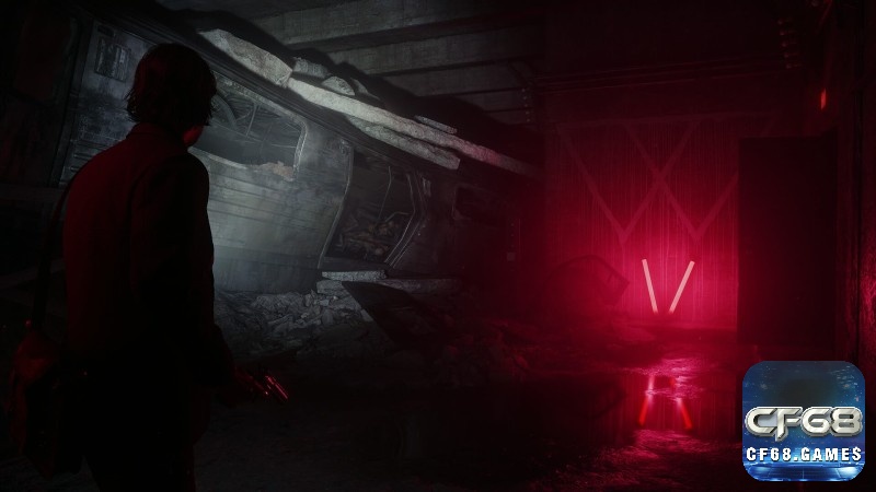 Con hẻm tối trong Dark Place với biển đèn neon, lối đi rẽ nhánh và cửa ra vào mờ ảo