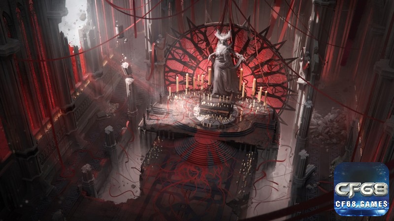 Nhân vật đứng trong nhà nguyện đổ nát, ánh nến vàng và bóng tối dày đặc bao quanh trong game Diablo IV