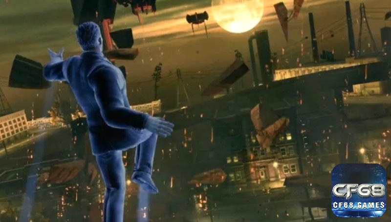 Nhân vật nhảy cao giữa các tòa nhà ở Steelport, hiệu ứng năng lượng phát sáng trong game Saints Row IV