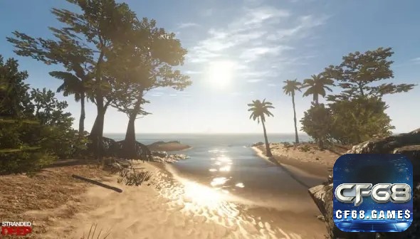 Người chơi trên bãi biển nhìn ra đại dương trong game Stranded Deep vào buổi chiều