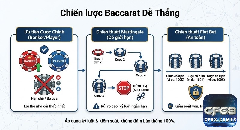 Tổng quan chiến lược hướng dẫn chơi bài Baccarat dễ thắng: ưu tiên cược chính Banker/Player, chiến thuật Martingale có giới hạn và Flat Bet giúp kiểm soát vốn