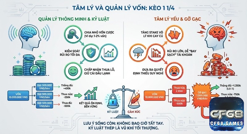 Bảng so sánh quản lý vốn thông minh và tâm lý gỡ gạc khi chơi kèo 1 1/4, nhấn mạnh kỷ luật và rủi ro cháy tài khoản