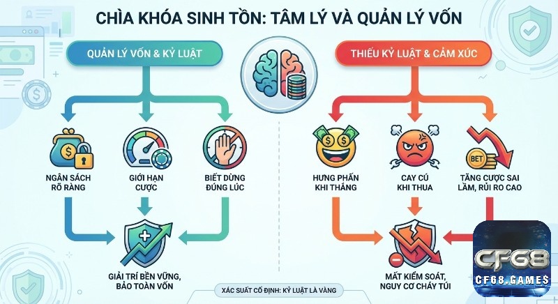 Sơ đồ so sánh tầm quan trọng của kỷ luật, tâm lý và quản lý vốn giúp sinh tồn trong cá cược: kỷ luật là vàng