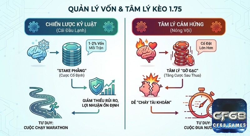 Bảng đối chiếu chiến lược quản lý vốn kỷ luật (cái đầu lạnh, stake phẳng 1-2% vốn) và tâm lý gỡ gạc (nóng vội) dễ dẫn đến cháy tài khoản kèo 1.75 là gì