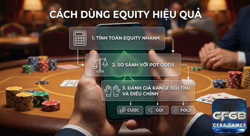 Quy trình 3 bước dùng cách tính Equity trong poker hiệu quả: tính toán, so sánh Pot Odds, và đánh giá range đối thủ để đưa ra quyết định tối ưu