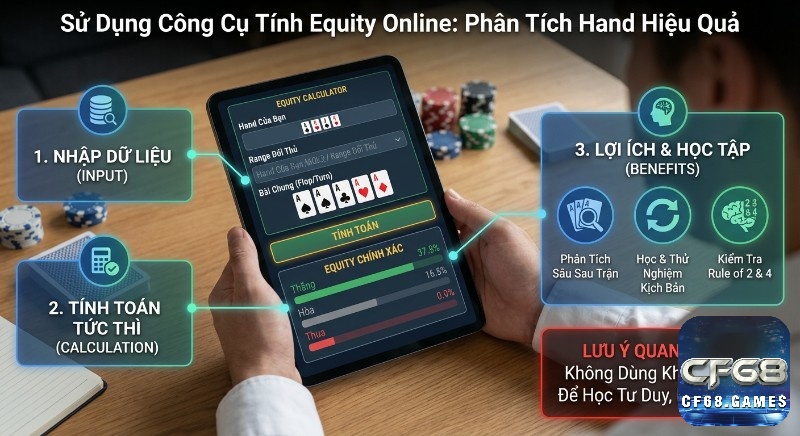 Sơ đồ quy trình sử dụng công cụ tính Equity online, để phân tích hand hiệu quả: nhập dữ liệu, tính toán, lợi ích học tập và lưu ý quan trọng