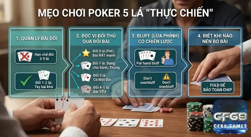 Tổng quan chiến thuật chơi Poker 5 lá là gì thực chiến qua 4 mẹo quan trọng: quản lý bài đổi, đọc vị đối thủ, bluff và biết fold