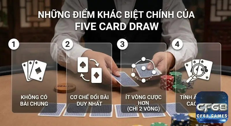 Khái quát 4 điểm khác biệt nổi bật của Five Card Draw với cơ chế không bài chung, đổi bài linh hoạt, ít vòng cược và ẩn danh