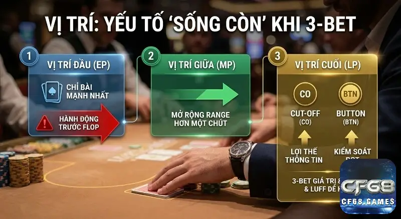 Sơ đồ chiến lược vị trí then chốt khi 3 bet poker là gì, chỉ rõ hành động từ EP, MP đến LP giúp tăng lợi thế và kiểm soát pot