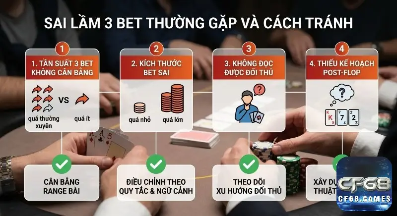 Hướng dẫn chi tiết 4 sai lầm khi 3 bet thường gặp trong poker cùng giải pháp từ cân bằng tần suất đến chiến thuật post-flop