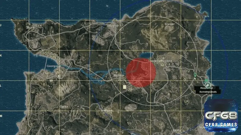 Bản đồ PUBG hiển thị vòng bo và hướng di chuyển an toàn