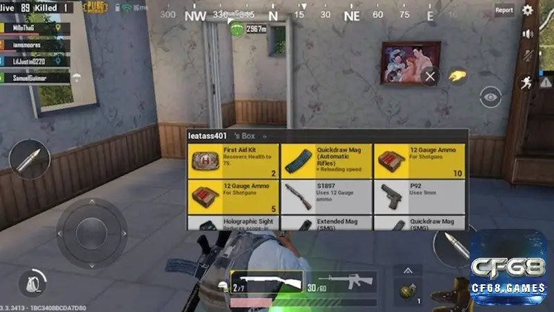 Người chơi PUBG loot súng, giáp và vật phẩm hồi máu trong nhà
