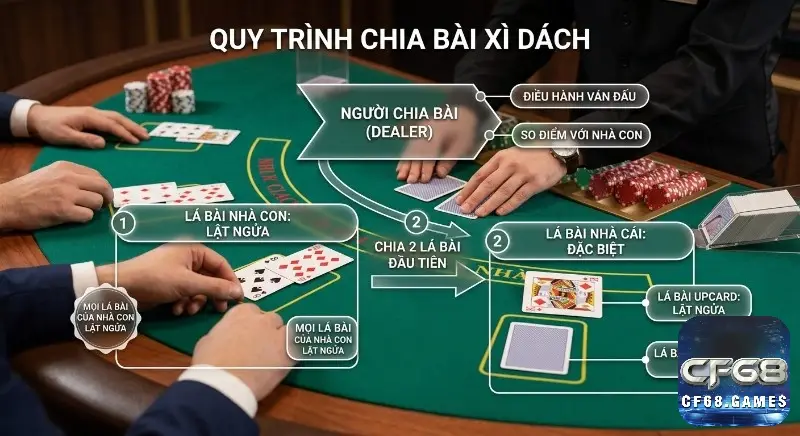 Quy trình chia bài xì dách chuẩn xác, hướng dẫn cách dealer chia 2 lá đầu tiên, phân biệt upcard lật ngửa và hole card úp
