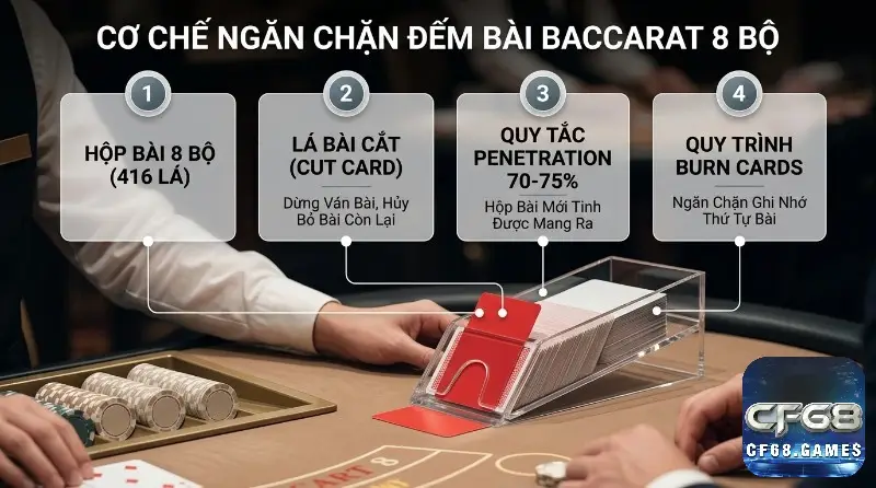 Cơ chế ngăn chặn đếm bài Baccarat 8 bộ với hộp 416 lá, lá bài cắt, quy tắc penetration 70-75% và quy trình burn cards giúp bộ bài & số bộ dùng trong baccarat đạt độ ngẫu nhiên tối đa