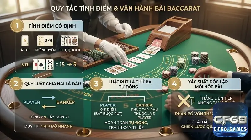 Quy tắc tính điểm và vận hành bài Baccarat: Át=1, 10/J/Q/K=0, tổng >9 lấy đơn vị, luật rút lá thứ ba tự động, xác suất độc lập, quản lý vốn