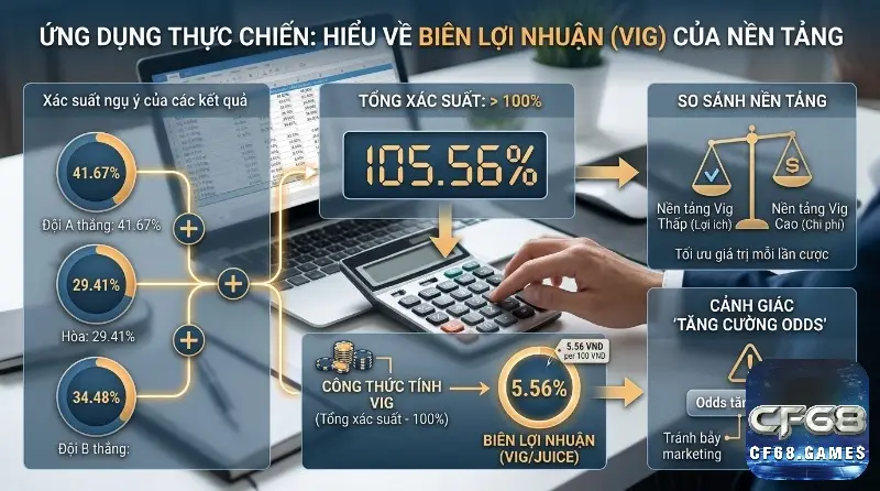 Hiểu biên lợi nhuận (Vig) nền tảng: Tính tổng xác suất 105.56% từ 41.67%, 29.41%, 34.48% để ra Vig 5.56%, so sánh nền tảng và cảnh giác odds tăng cường