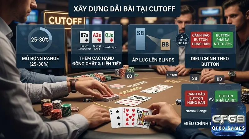 Xây dựng dải bài tại Cutoff position poker là gì, mở rộng range 25-30% với 87s, A2s, QJo gây áp lực lên blinds, điều chỉnh theo Button hung hãn hay nit