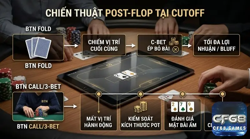 Chiến thuật Post-flop tại Cutoff: Khi Button fold, chiếm vị trí cuối cùng để C-bet và bluff, khi Button call/3-bet, kiểm soát pot, đánh giá mặt bài ẩm, sử dụng check-raise
