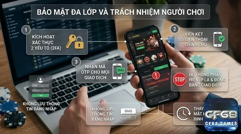 Bảo mật đa lớp: kích hoạt 2FA, liên kết SĐT, nhận OTP, không lưu đăng nhập. Phát hiện IP lạ, đóng băng, đổi mật khẩu định kỳ