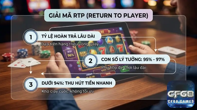 Giải mã RTP (Return to Player) trong game slot nổ hũ uy tín: tỷ lệ hoàn trả 96% trên máy tính bảng, lý tưởng 95-97%, dưới 94% không tối ưu
