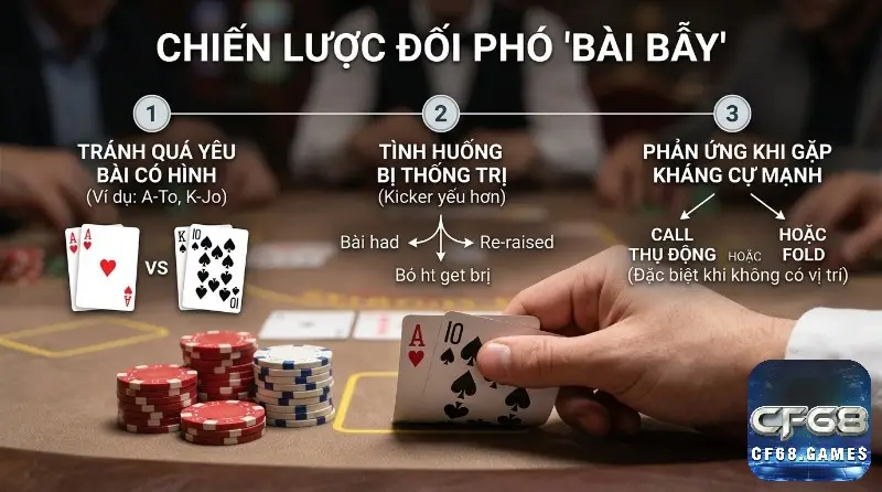 Chiến lược đối phó bài bẫy trong hole cards poker là gì: tránh quá yêu bài có hình như A-10, K-J, bị thống trị bởi kicker yếu hơn, nên call thụ động hoặc fold khi gặp kháng cự mạnh