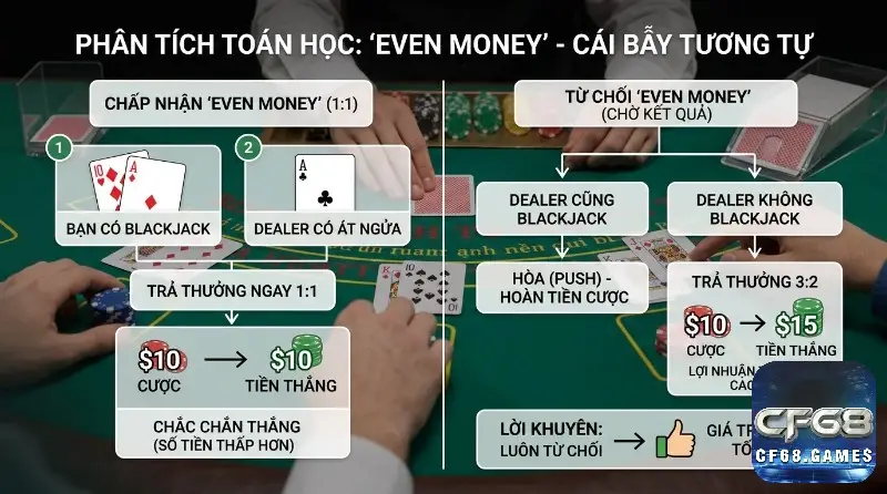 Phân tích "Even Money" Blackjack: chấp nhận thắng 1:1 hoặc từ chối để hòa/thắng 3:2. Khuyên luôn từ chối để có lợi nhuận tiềm năng cao hơn