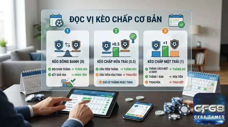 Đọc vị kèo chấp bóng đá: Kèo đồng banh (0) hoàn tiền, Kèo chấp nửa trái (0.5) thắng thua, Kèo chấp một trái (1) thắng đủ 2 bàn. Thống kê cá cược trên tablet