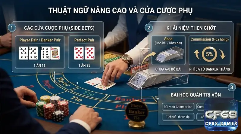 Thuật ngữ baccarat online nâng cao và cửa cược phụ như Player Pair, Perfect Pair (1 ăn 25), Shoe, Commission 5% phí từ Banker thắng, cùng bài học quản trị vốn