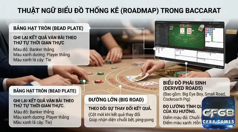 Thuật ngữ baccarat online thống kê: Bảng hạt tròn, Đường lớn, Biểu đồ phái sinh hiển thị kết quả, chuỗi bệt, quy luật xu hướng trên giao diện game online