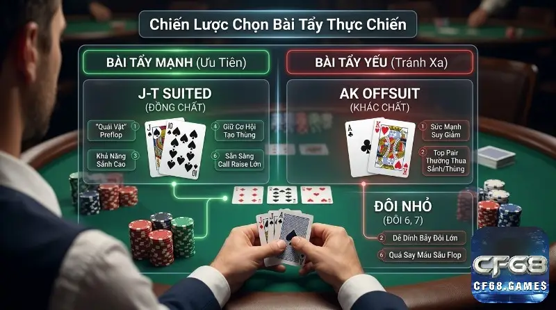 Chiến lược chọn bài tẩy thực chiến: J-T suited mạnh, quái vật preflop, sảnh/thùng cao. AK offsuit và đôi nhỏ yếu, dễ dính bẫy