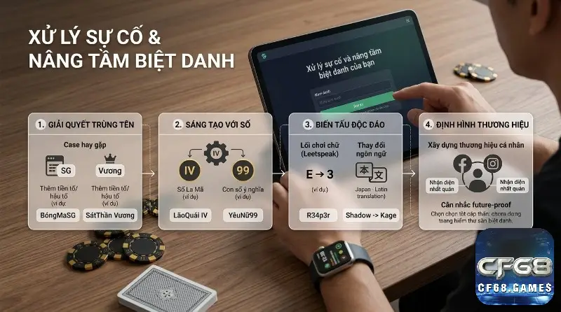 Hướng dẫn xử lý biệt danh game hay bị trùng và nâng tầm thương hiệu cá nhân, với các bước giải quyết tên, sáng tạo số, biến tấu độc đáo, định hình thương hiệu