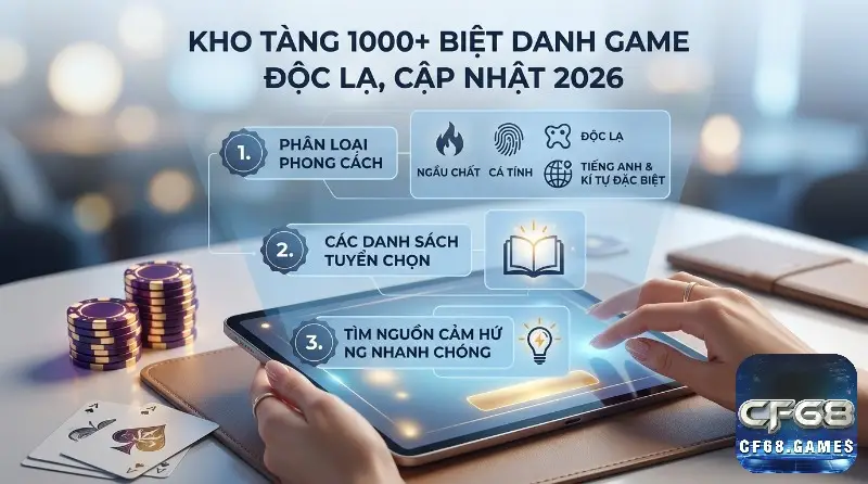 Kho tàng biệt danh game hay độc lạ 2026 với quy trình 3 bước trên máy tính bảng: phân loại phong cách, danh sách tuyển chọn, tìm cảm hứng nhanh chóng, cùng chip poker và bài tây