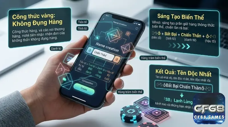 Công thức vàng đặt tên Liên Quân hay độc quyền trên ứng dụng điện thoại với tiền tố, tính từ, danh từ, hậu tố, cho ra Bất Bại Chiến Thần, Lạnh Lùng Boy