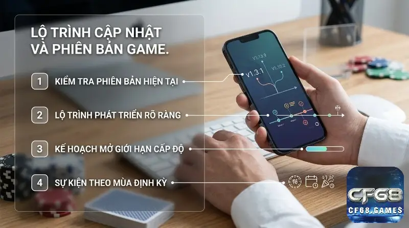 Lộ trình cập nhật và phiên bản server game private mobile: điện thoại hiển thị biểu đồ phát triển game với V1.3.1, V1.10.2, V1.13.9, kế hoạch cấp độ, sự kiện