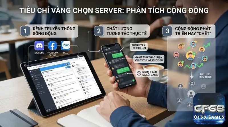 Phân tích cộng đồng server qua kênh Discord, Facebook, Zalo, chất lượng tương tác admin trả lời, game thủ thảo luận, tránh spam